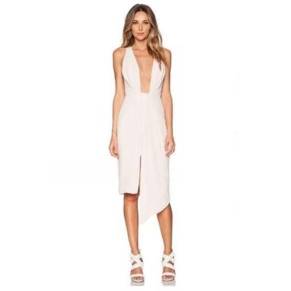 Revolve NICHOLAS  Deep V neck gathered Crepe midi Dress in Ballet Pink/Cream 6